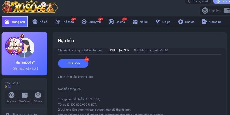 Hướng dẫn nạp tiền qua USDT 2%